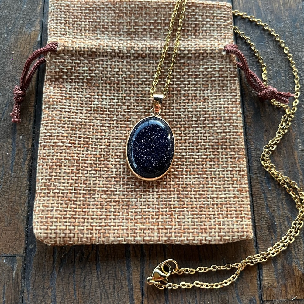 Blue Sandstone Necklace Blue Sandstone Pendant with Gold plated Stainless Steel